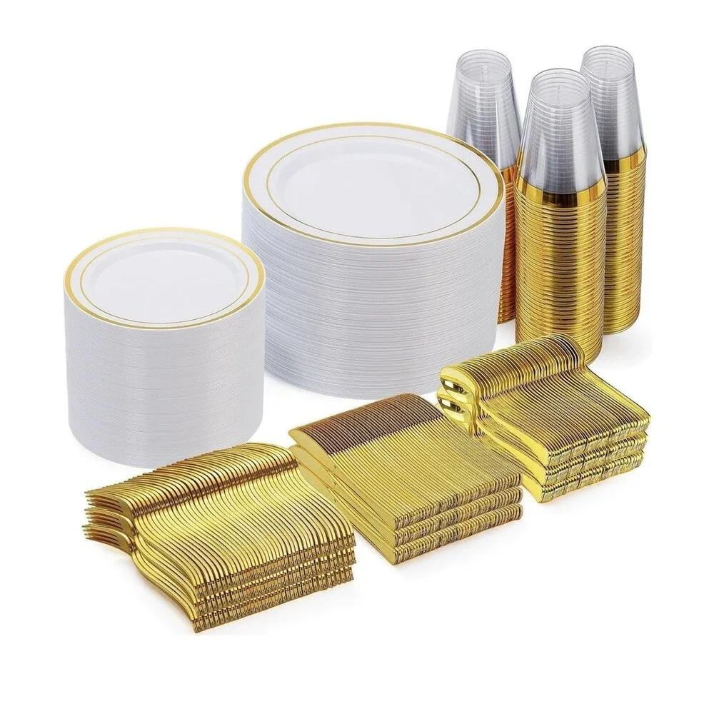 600PCS Gold White Plastic Party/Dinnerware Set for 100 Guests